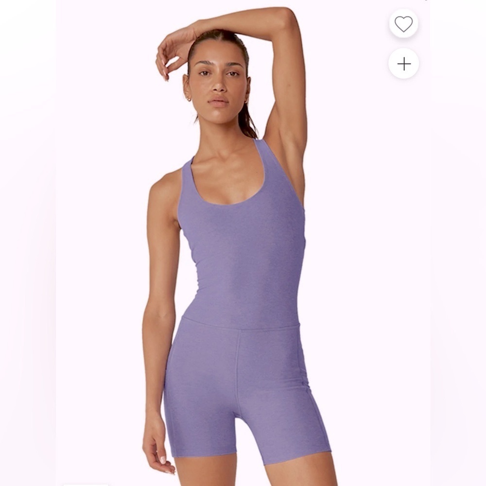 NWT Beyond Yoga Get Up and Go Spacedye Periwinkle Heather Pocket Biker Jumpsuit